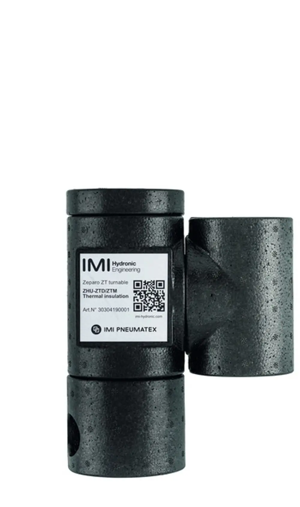 Wärmedämmung vom Hersteller IMI Hydronic Engineering, geeignet für Zeparo, schwarz mit Kennzeichnung und QR-Code auf der Oberfläche.